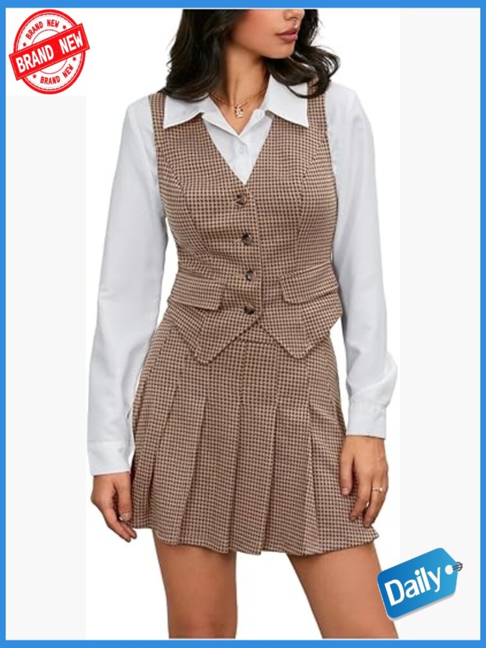 2-Piece Plaid Skirt Set - Blazer Vest & Pleated Mini Skirt